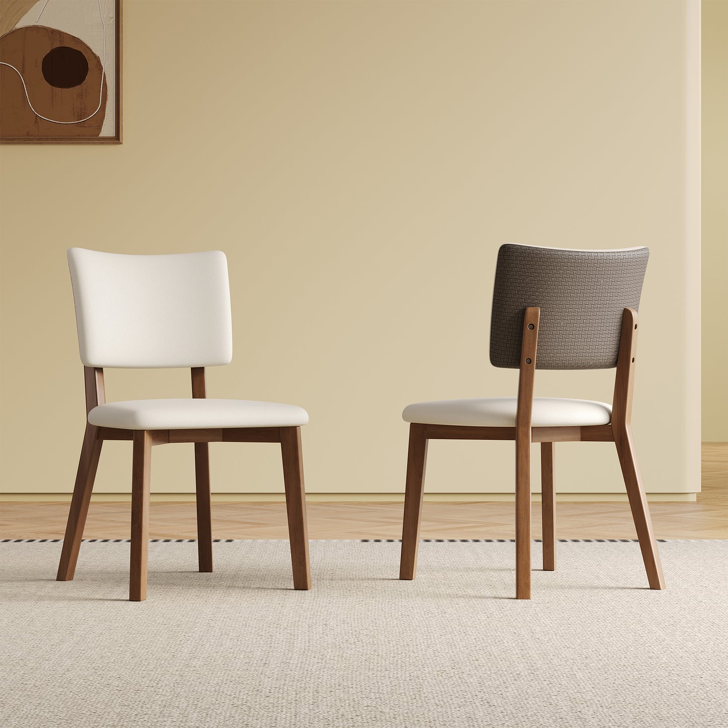 Mid-Century Modern Solid Wood Dining Chairs Set of 2 - White & Walnut