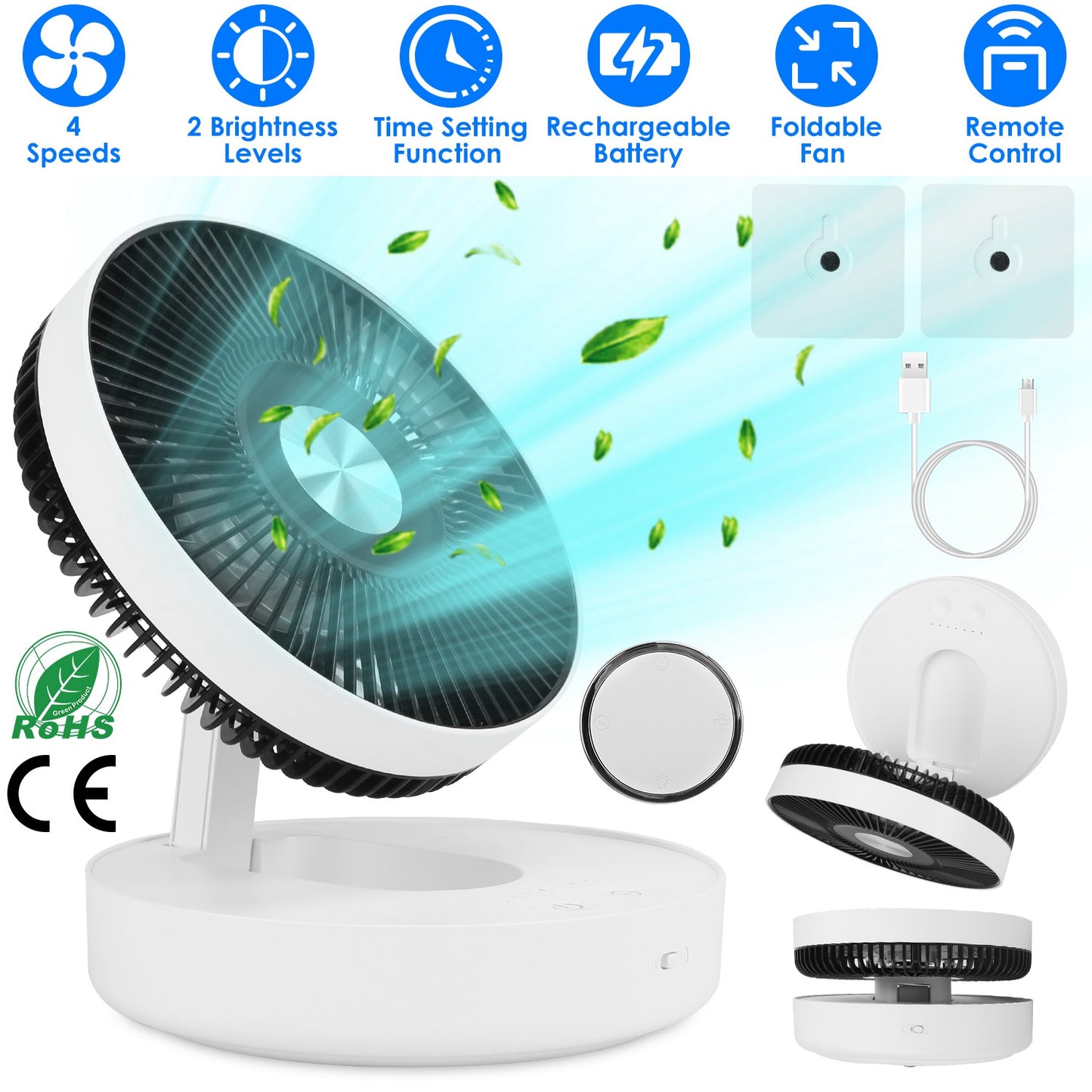 Rechargeable LED Desk Fan with Remote - 4 Speeds & 2 Brightness