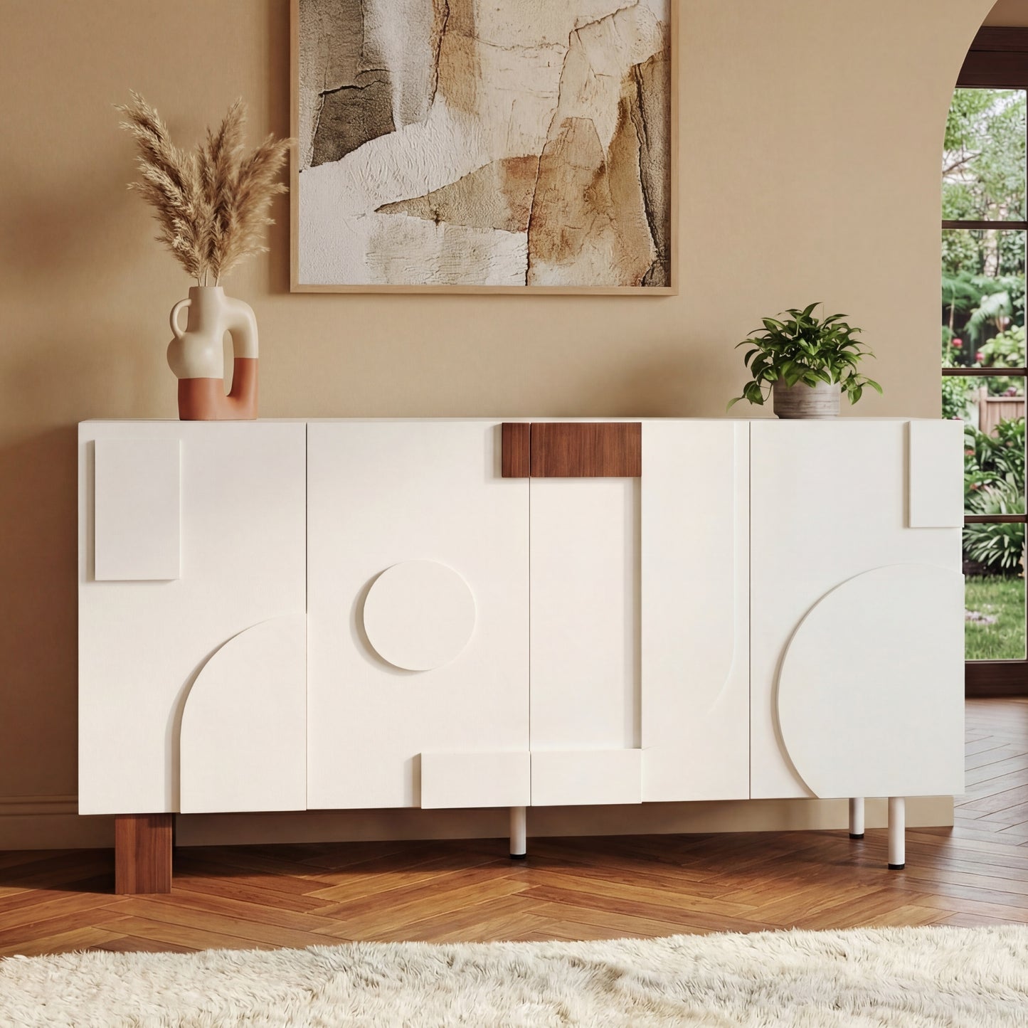 Modern White Sideboard Buffet Cabinet - 62.9" Wide with 4 Doors & Adjustable Shelves