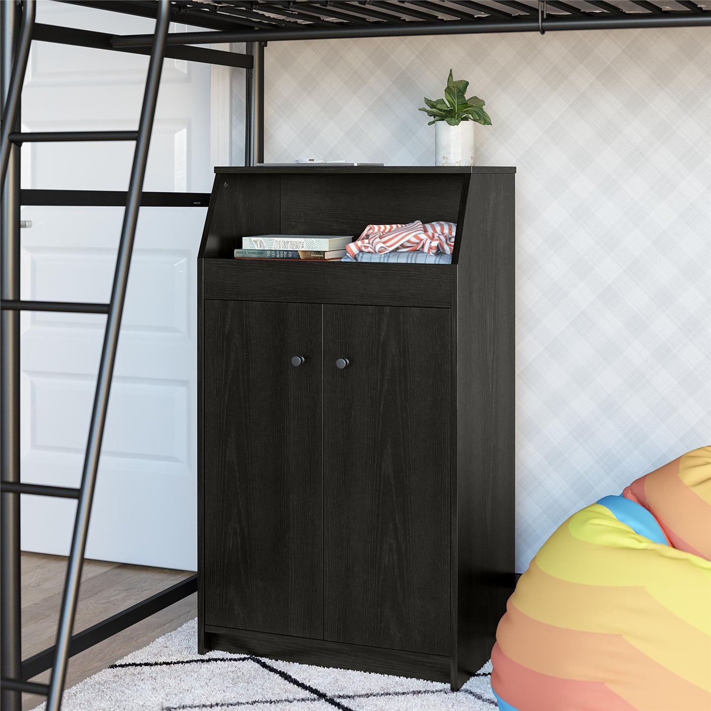 The Loft 2 Door Storage Tower - Black Fiberboard Cabinet