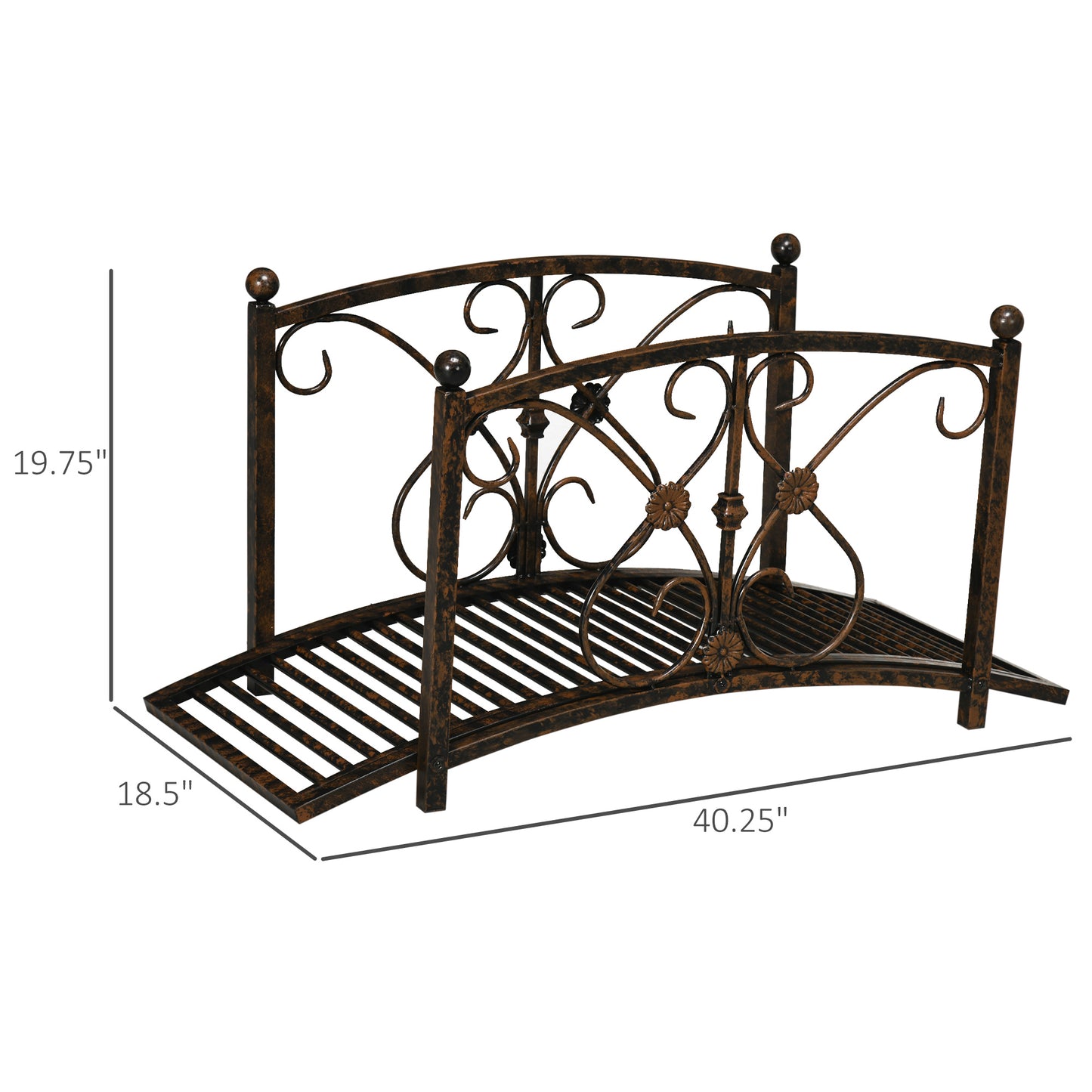 Metal Garden Bridge with Safety Railings - Vintage Style Pond Footbridge Brown