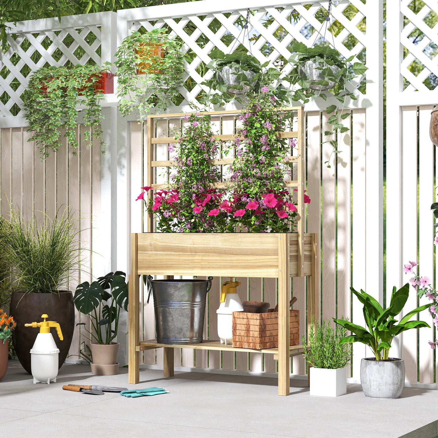 Wooden Raised Garden Bed with Trellis and Storage Shelf - Outdoor Planter Box