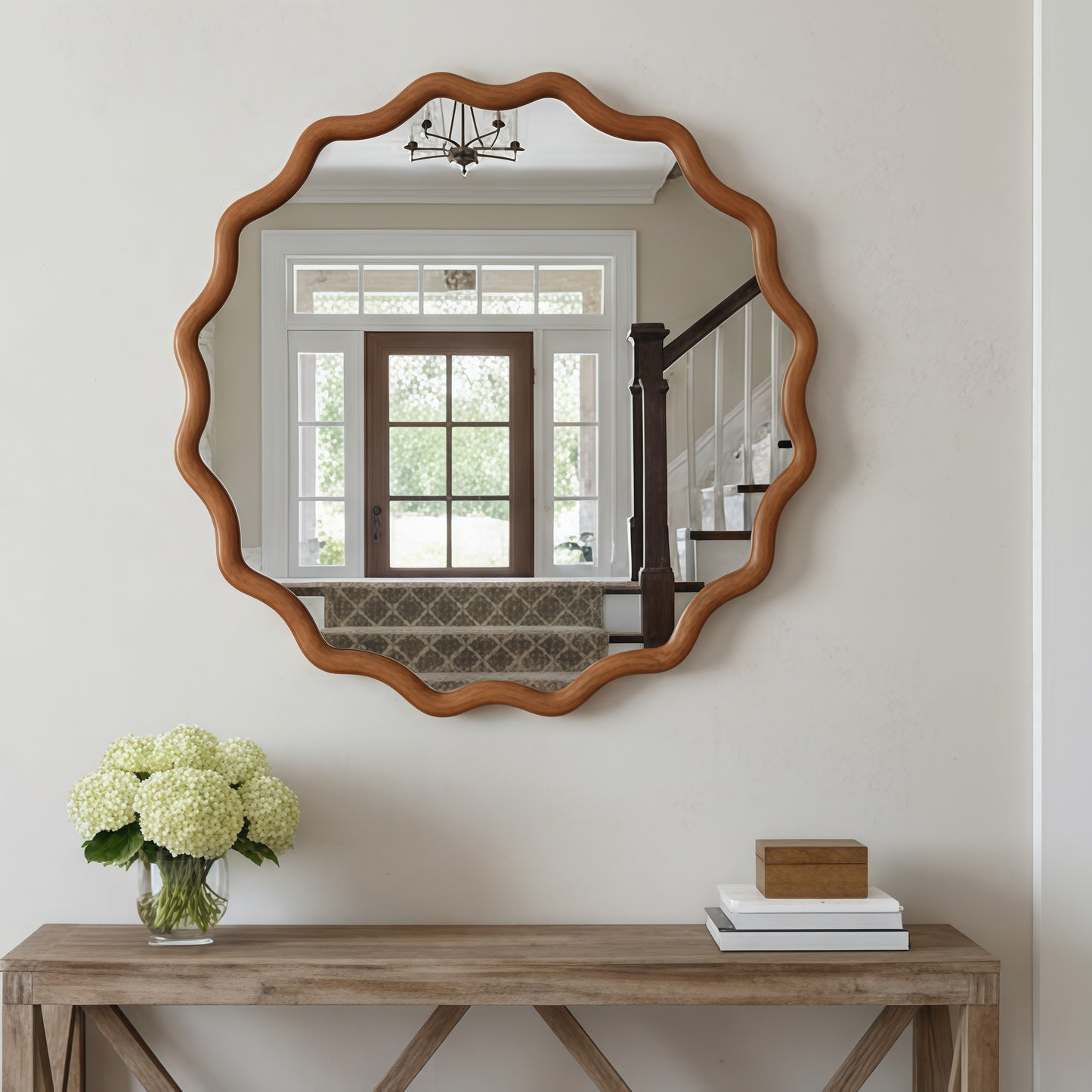 30 Inch Wavy Round Solid Wood Frame Decorative Mirror - Yellow Brown