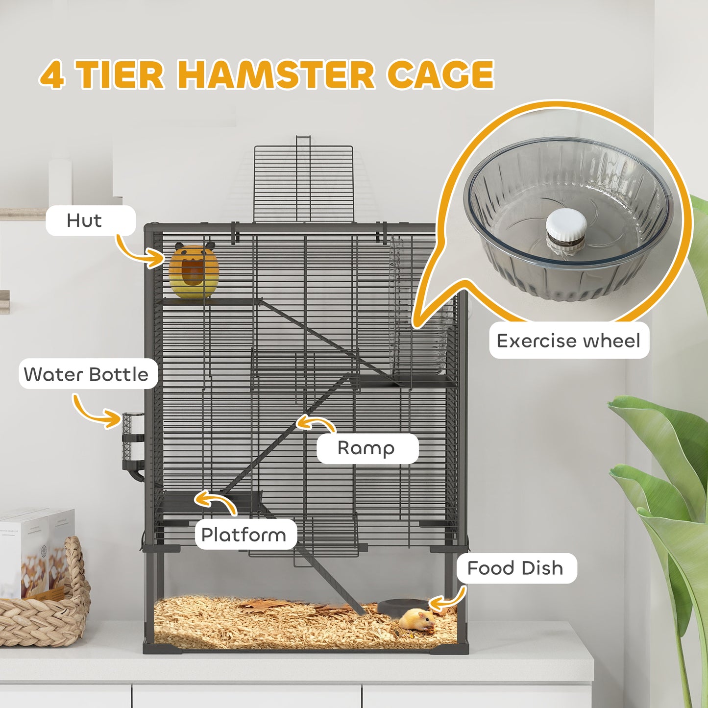 4-Tier Hamster Cage with Tempered Glass Bottom, Exercise Wheel, Hut, Water Bottle & Food Dish - Black, 24x16x31.5 Inches