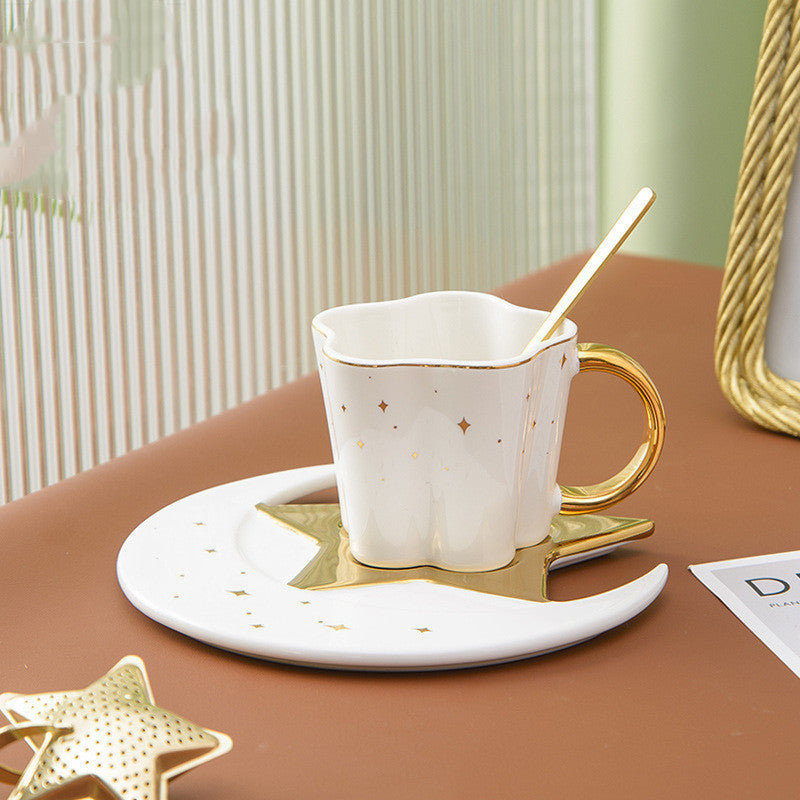 Ceramic Cup Set with Star and Moon Saucer - 4 Colors