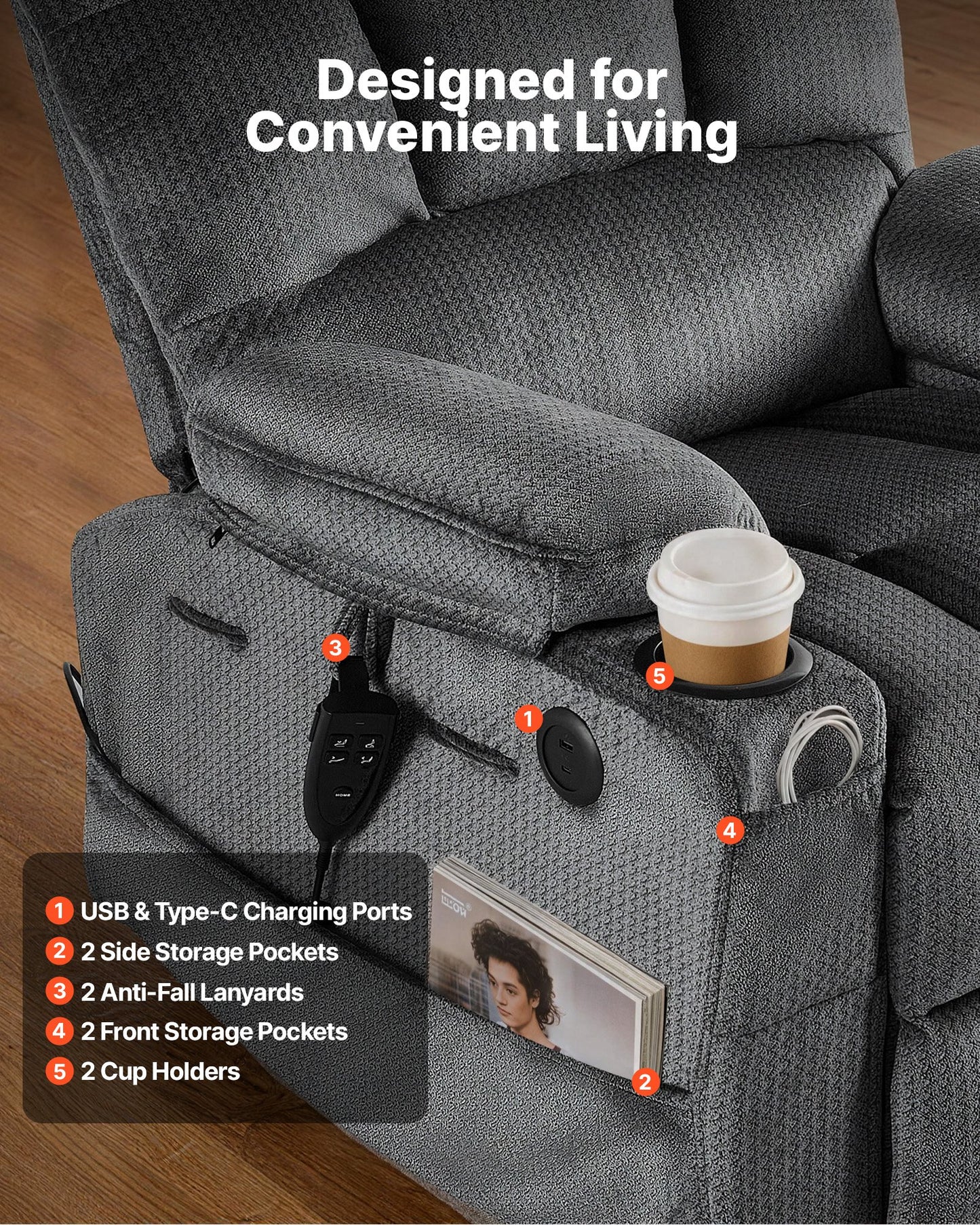 Electric Power Lift Recliner Chair with Heat Massage Velvet Dark Gray