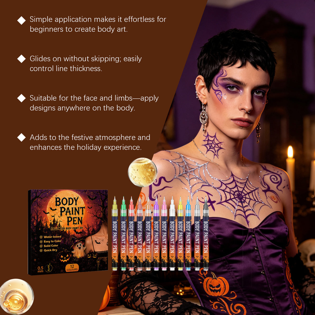 12-Color Body Painting Pen Set for Face & Body Art - Creative Makeup Tool