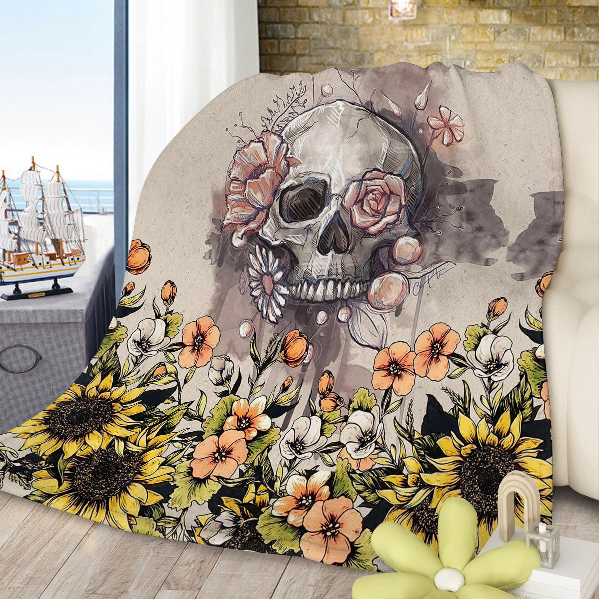 Rustic Skull Sunflower Flannel Fleece Throw Blanket - Multicolor