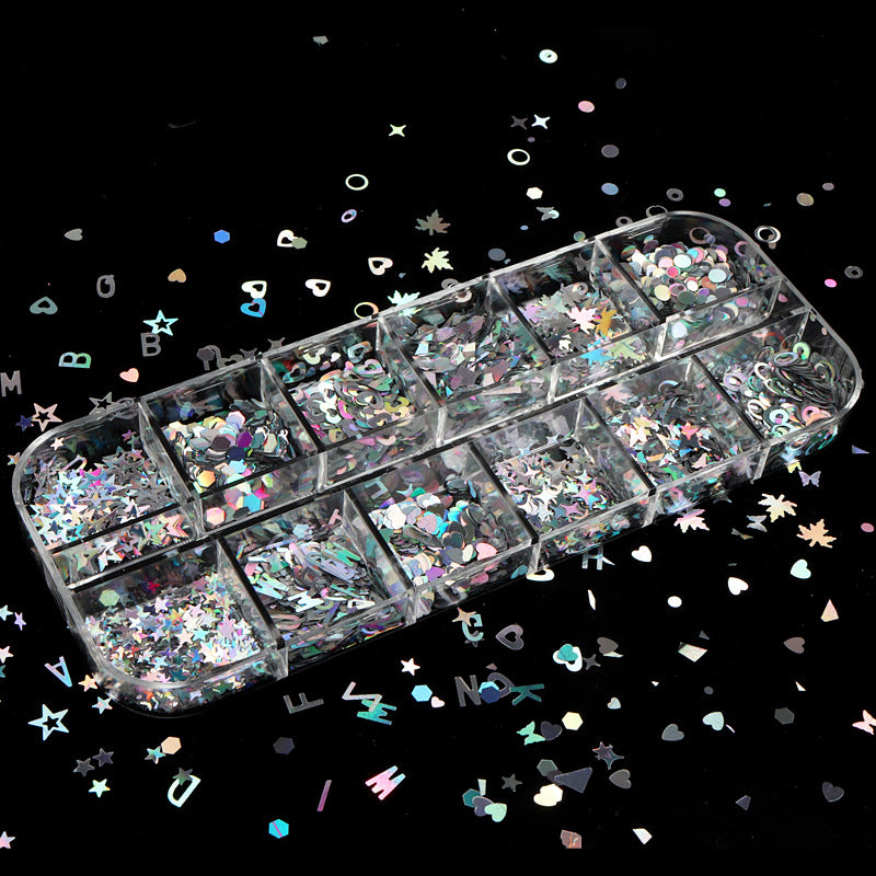 12-Grid Nail Art Sequins Set - Mixed Color Laser Silver DIY Nail Decorations