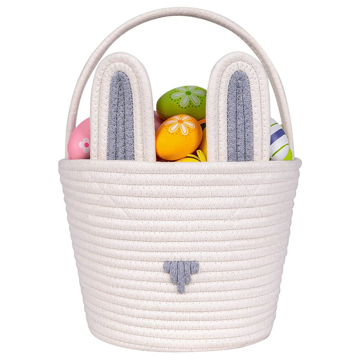 Easter Egg Handwoven Cotton Basket with Cartoon Rabbit Design – Multi-Color Storage Bag