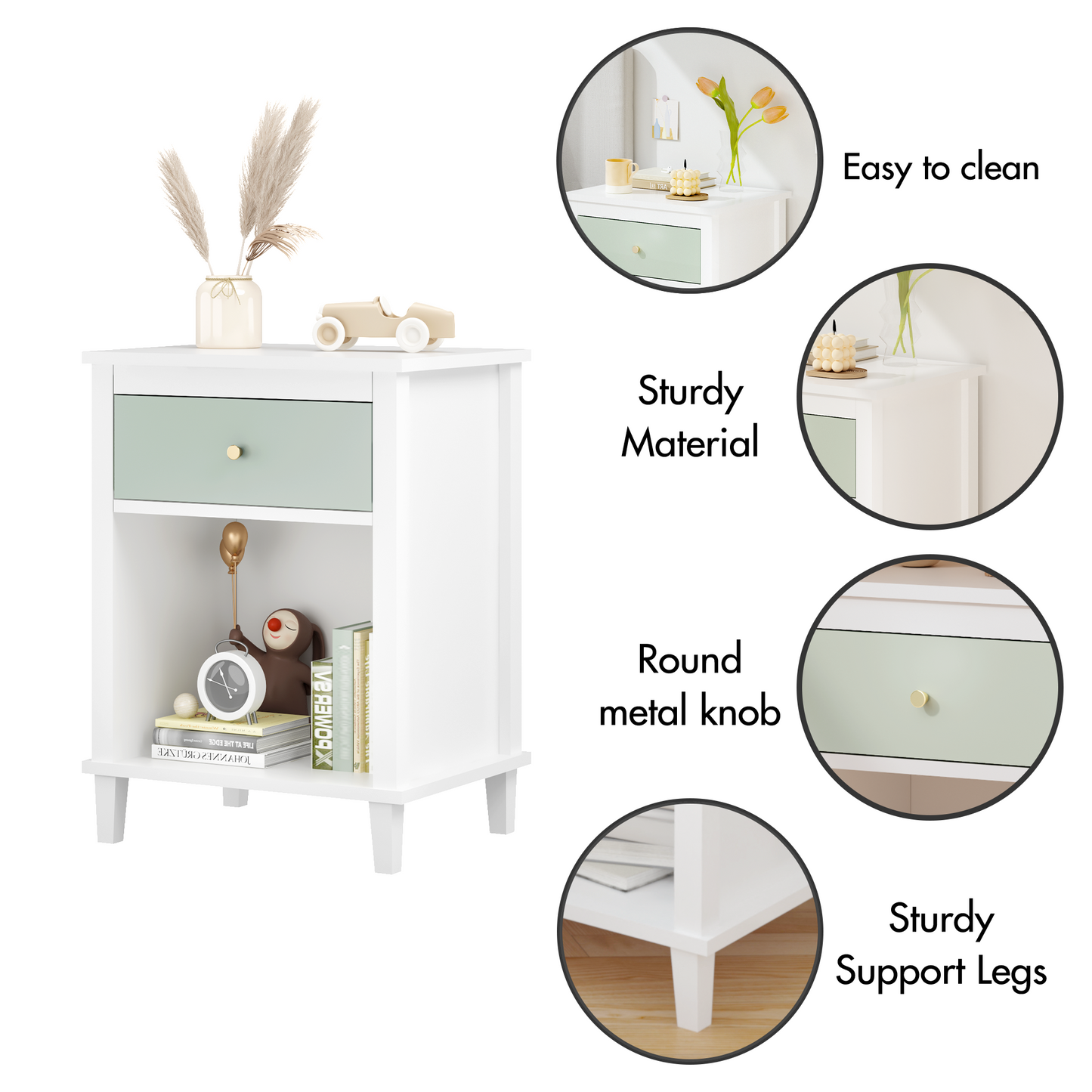 Wooden Nightstand with Drawer and Shelf - White & Green