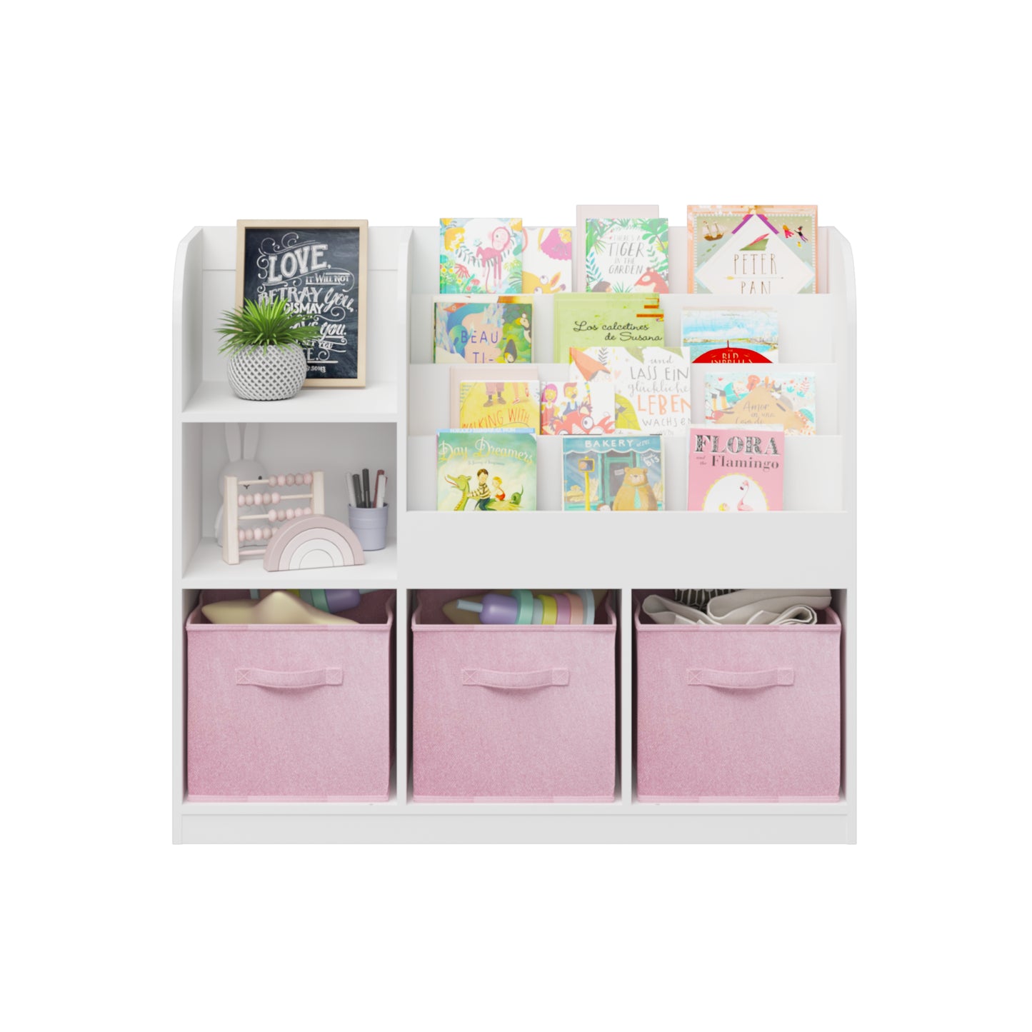 Kids Bookcase with 3 Fabric Drawers - White and Pink