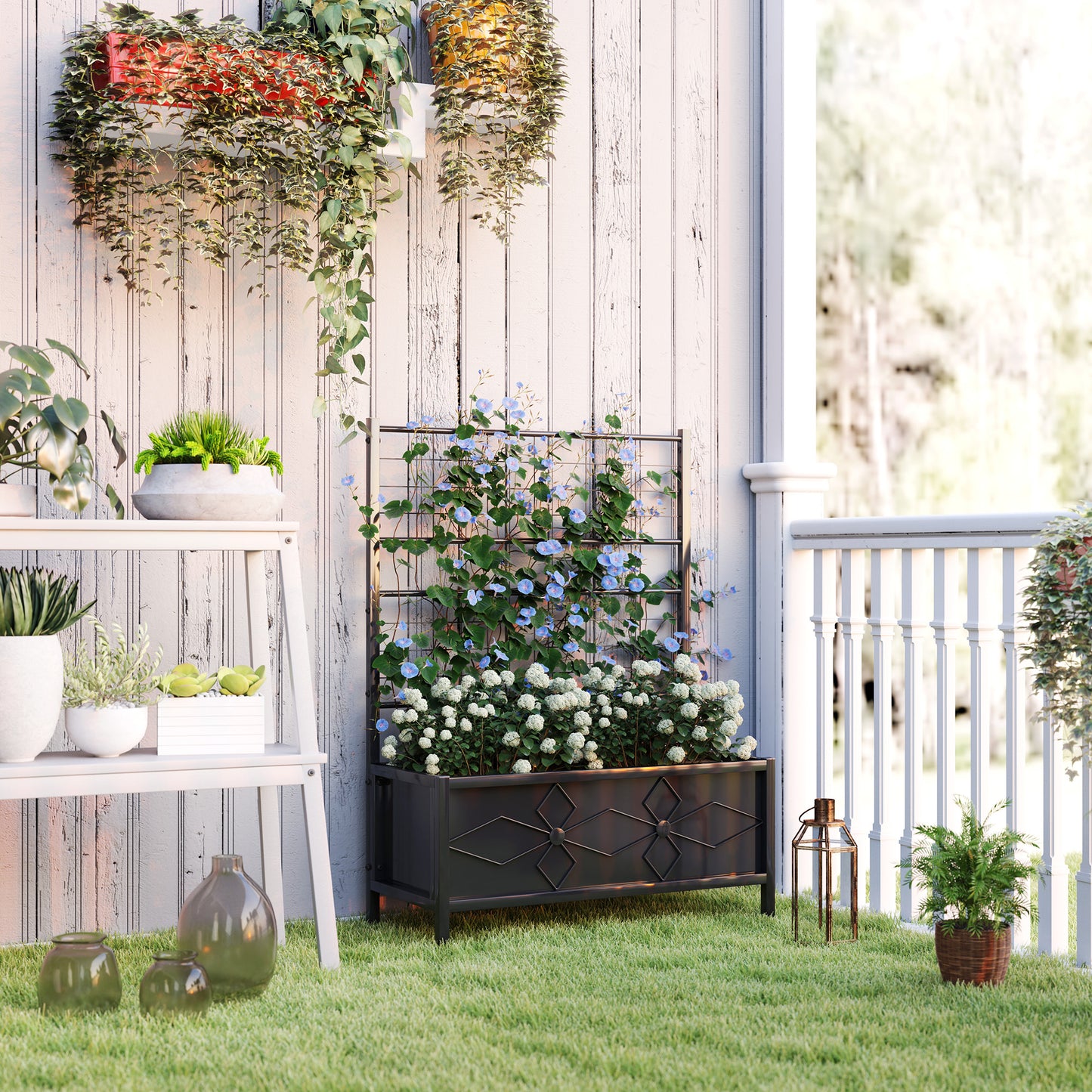 Galvanized Raised Garden Bed with Trellis - Outdoor Plant Container 35.4 x 15.7 x 47.2 Inches