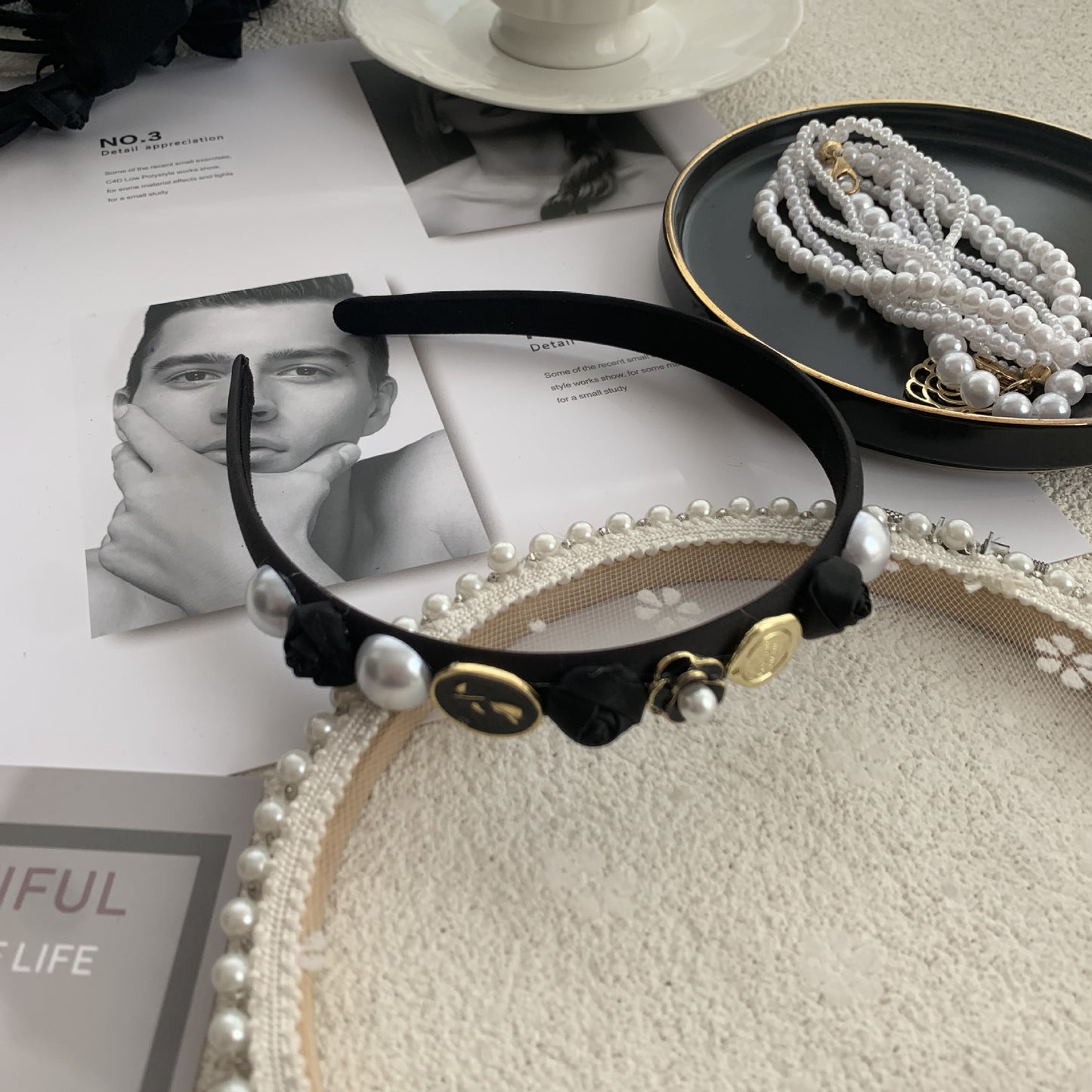 Black Rhinestone Hair Hoop - Exaggerated Wooden Ear Headdress for Hair Styling