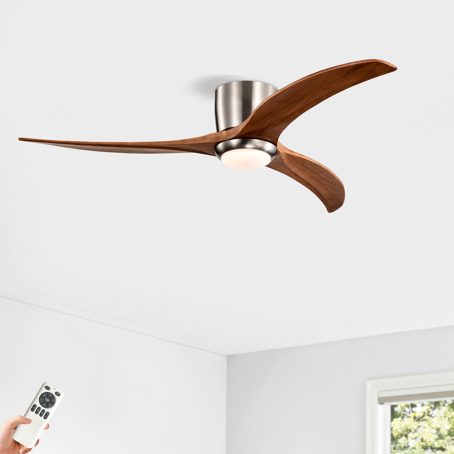 52-Inch Recessed Ceiling Fan with Light Strip, Solid Wood Blades, Remote Control, Noiseless Reversible Motor, Nickel Finish