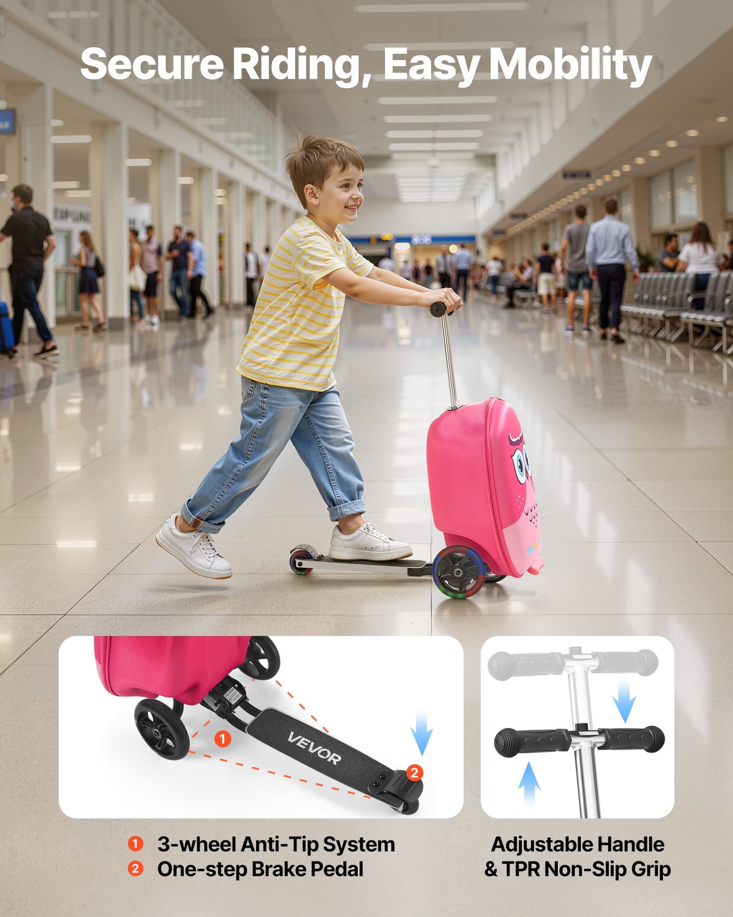 Kids Ride-On Luggage 20-Inch Pink Scooter Suitcase with Flash Wheels