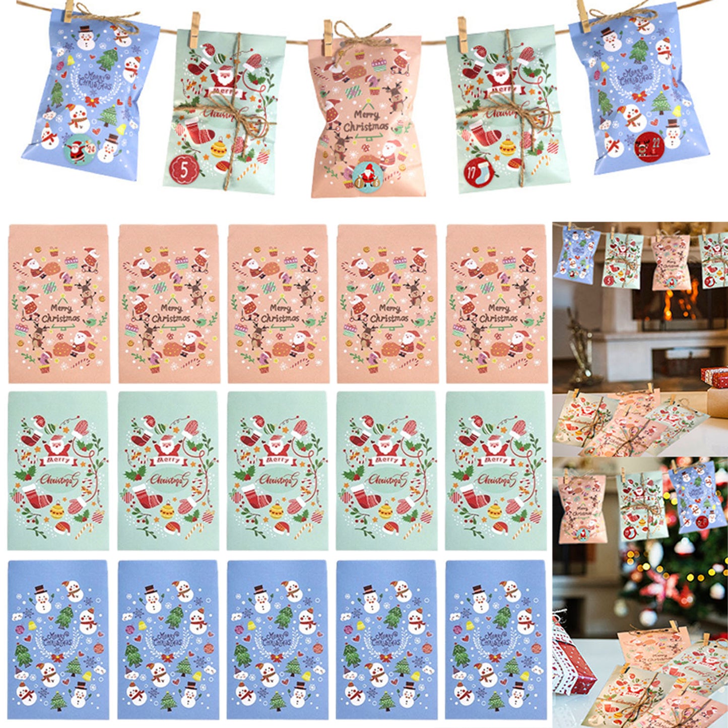 24 Christmas Gift Bags - Red, Green & Blue Paper Candy Bags