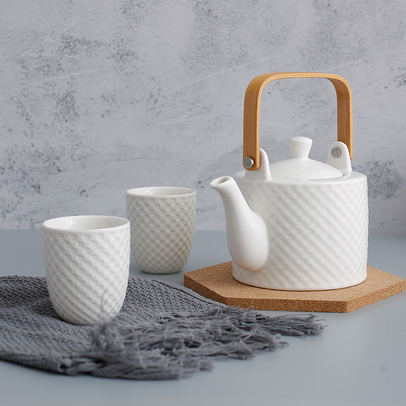 Japanese Ceramic Tea Set with Cups and Pot - White or Black Checkered Finish