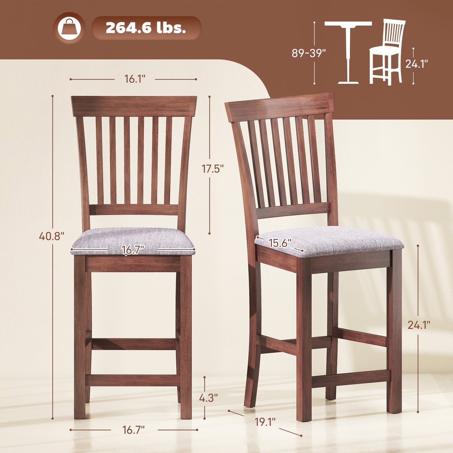 Counter Height Bar Stools with Padded Seat, High Back Kitchen Chairs