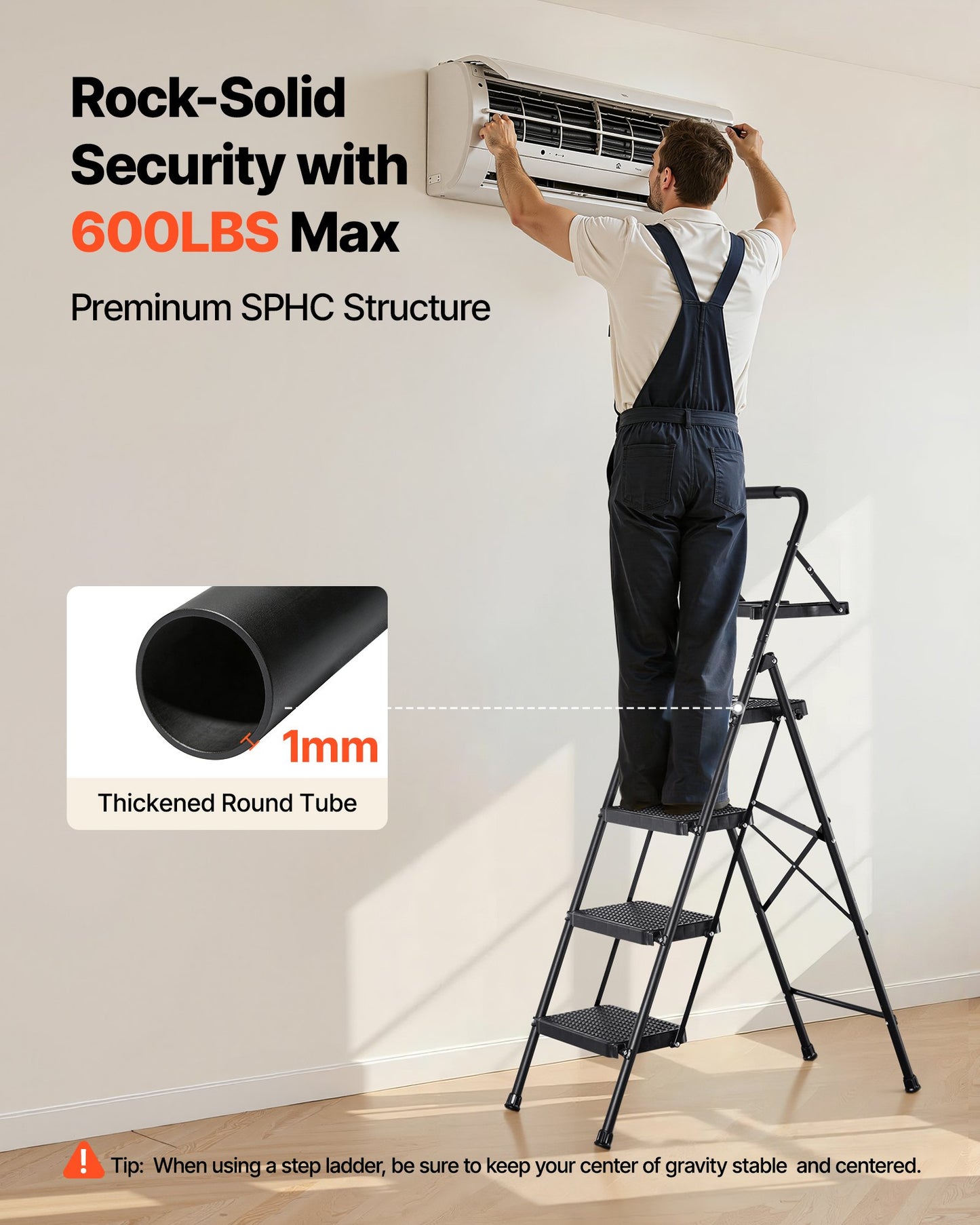 4-Step Folding Ladder with Anti-Slip Pedal and Tool Tray - Heavy Duty Steel, Black