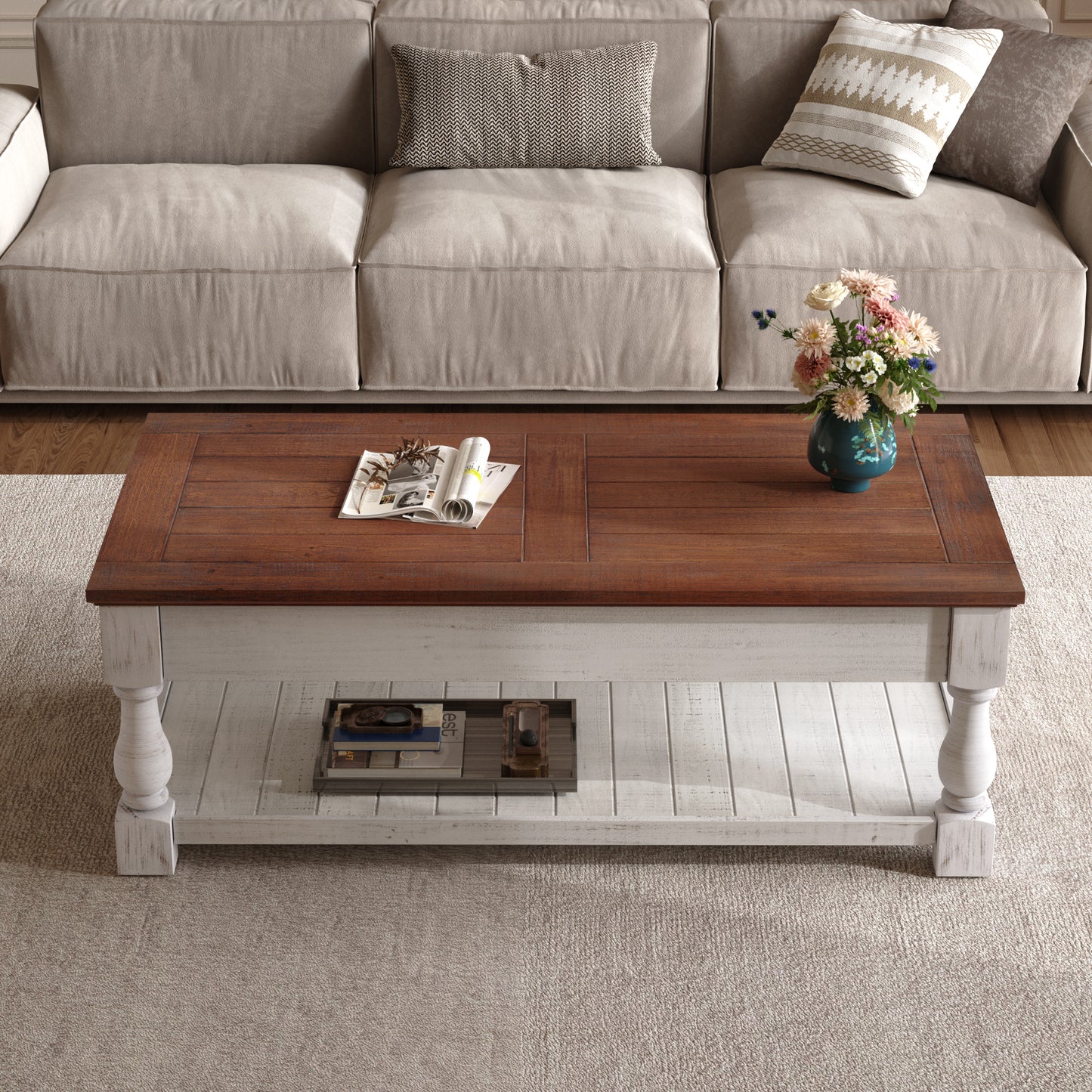 Retro Lift-Top Coffee Table with Storage - Antique Espresso & White