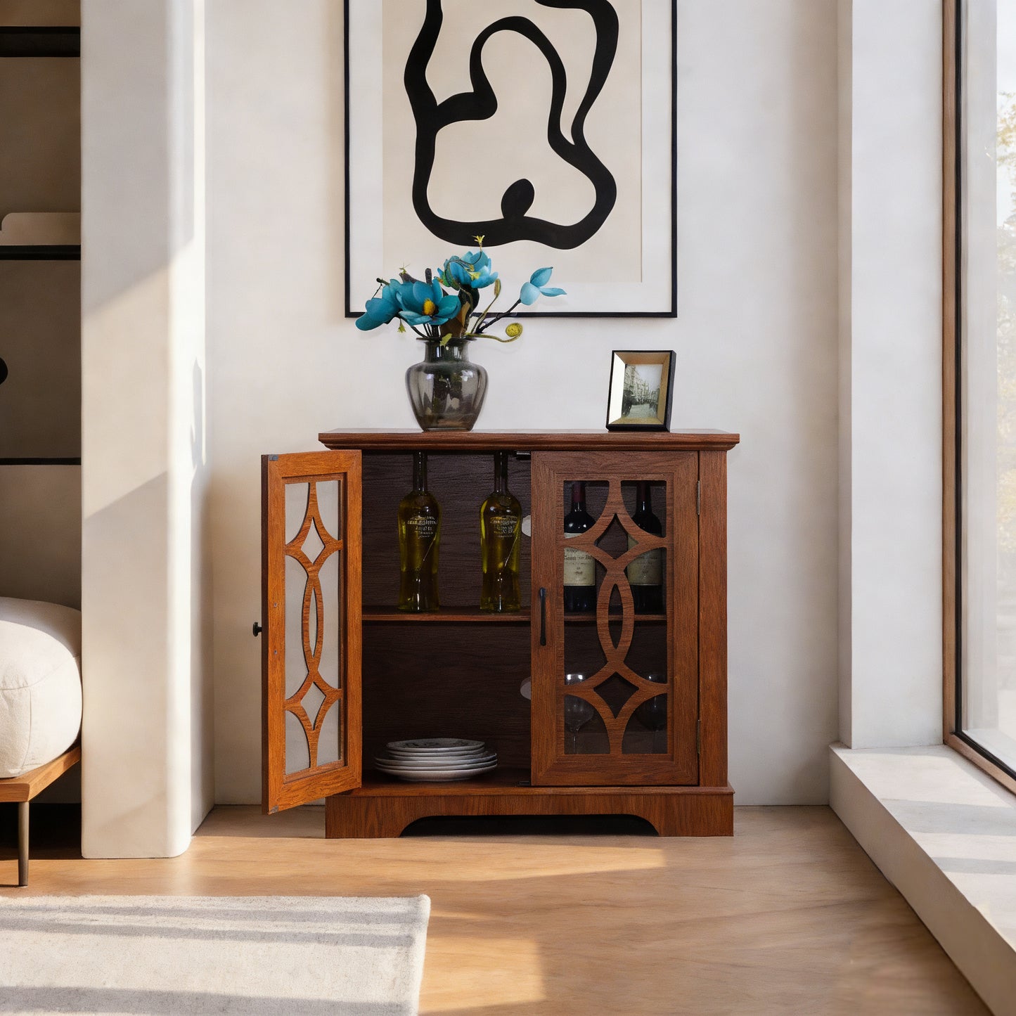 34.37X 15.55X 34.06in Spacious Size Sideboard 2 Clear Tempered Glass