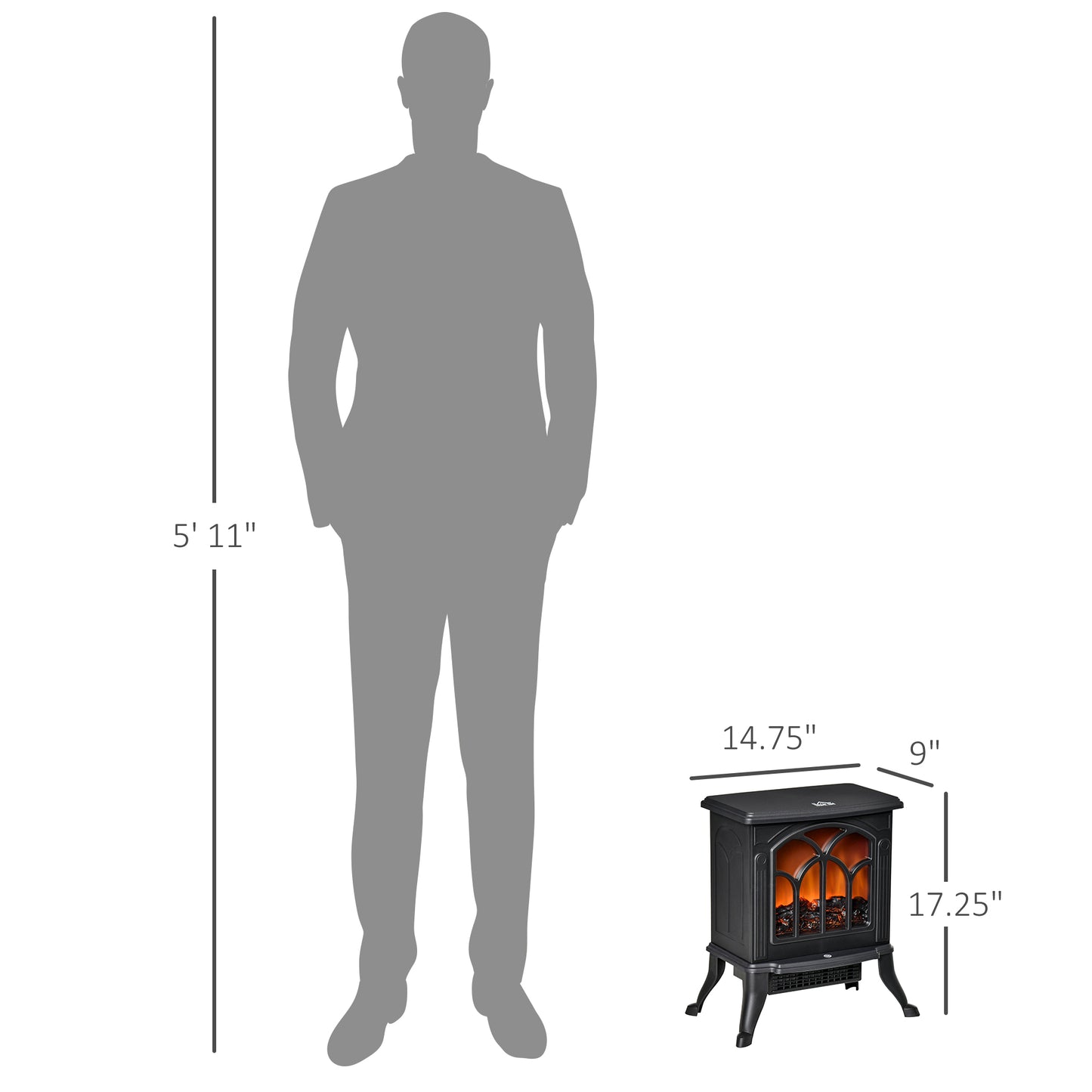 Electric Fireplace Heater with Realistic Logs & Flame Effect, Freestanding, 750W/1500W, Black