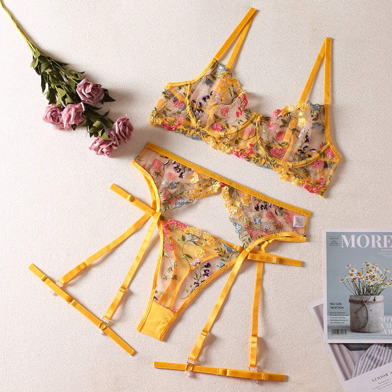 Women's Floral Lingerie Garter Set with Panty, Garter Belt & Leg Rings