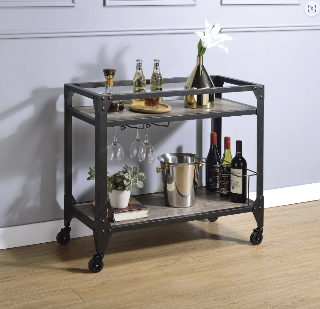 Rustic Oak & Charcoal Finish Serving Cart with Wine Rack