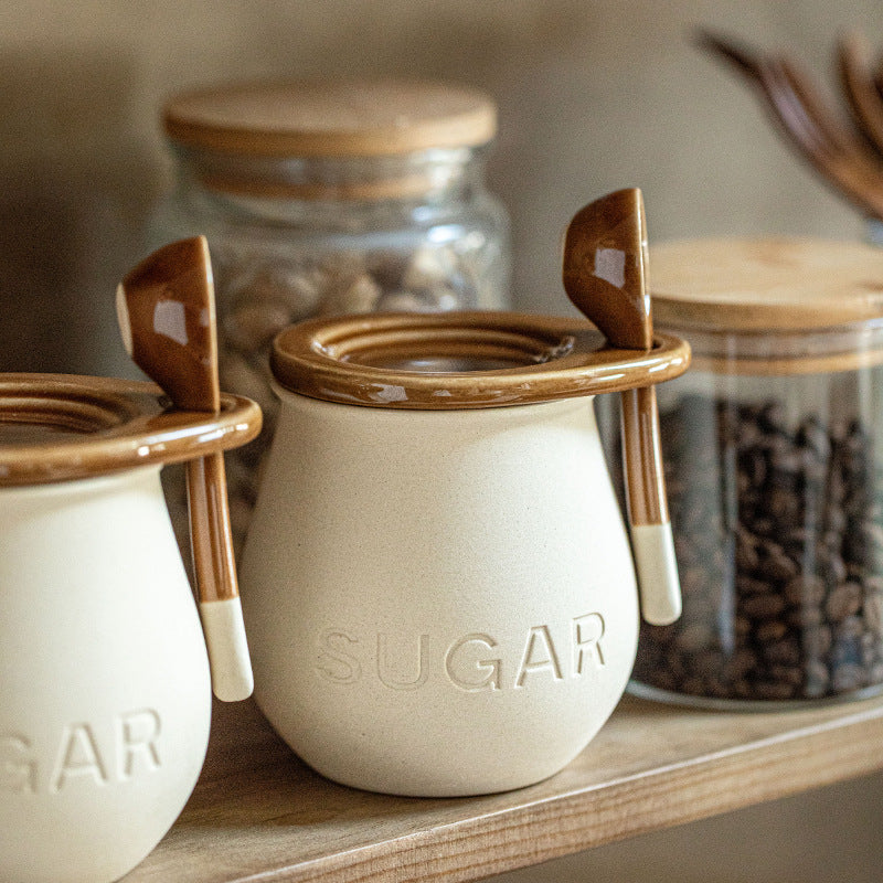 Vintage Ceramic Seasoning Jar with Cover and Spoon - Beige Kitchen Storage