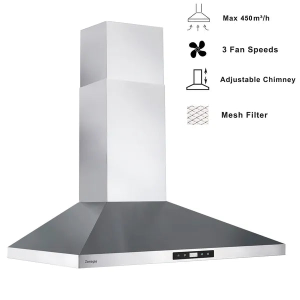 30-Inch Wall-Mounted Range Hood with 450 CFM Touch Panel Stainless Steel Kitchen Vent