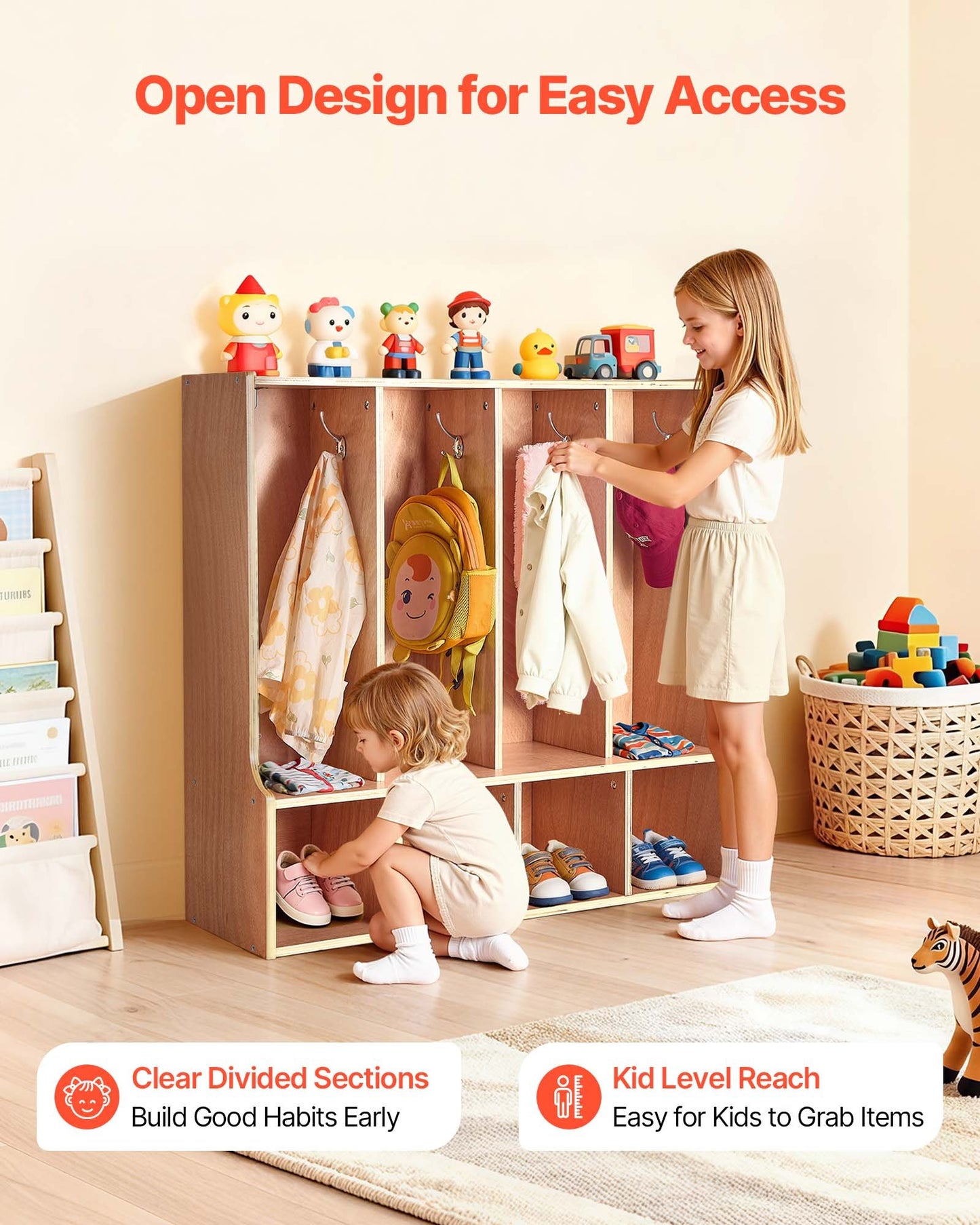 Kids Wooden Coat Locker with Hooks and Storage Cubes - Toddler Organizer, Natural Finish