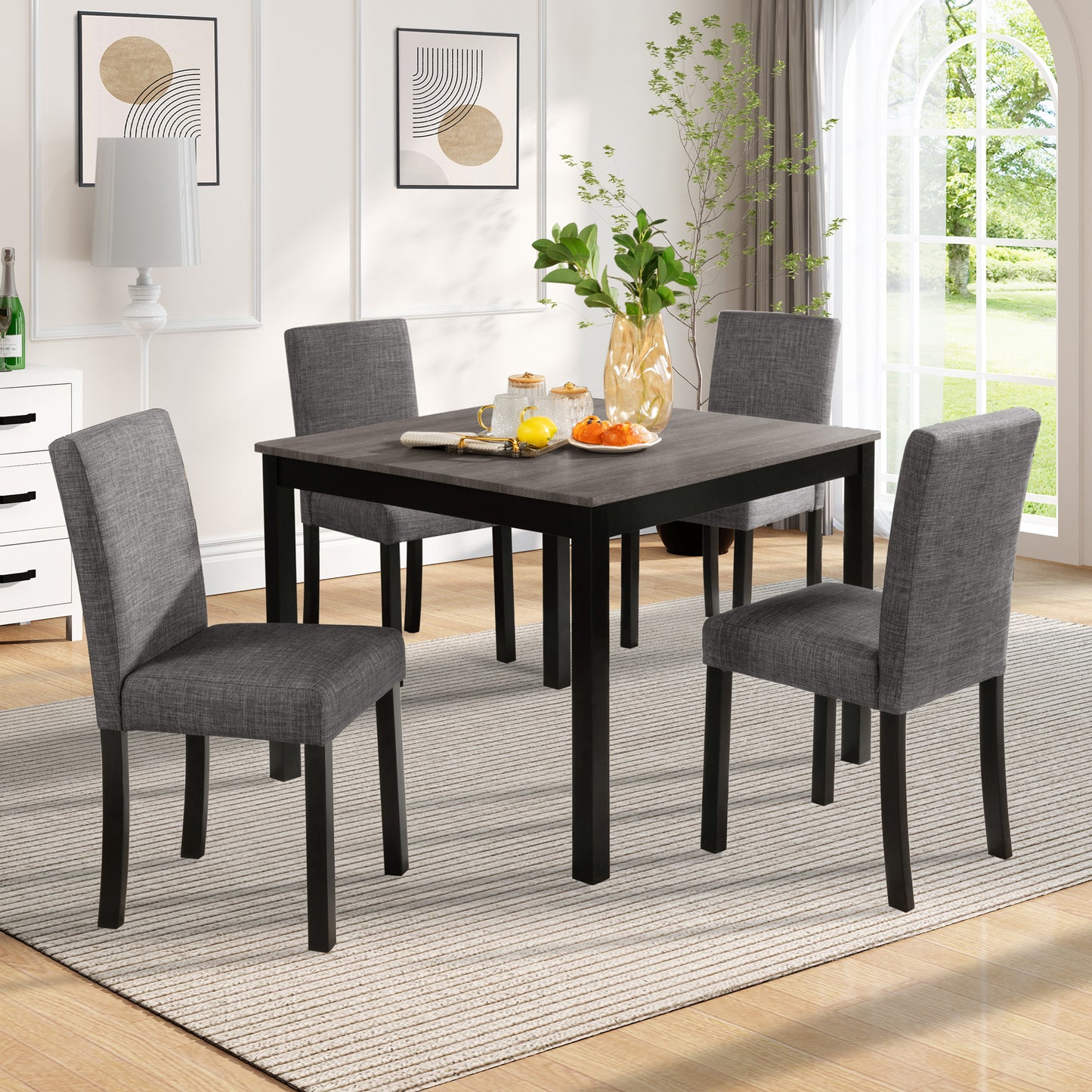 5-Piece Dining Table Set with 4 Chairs - Light Grey & Black