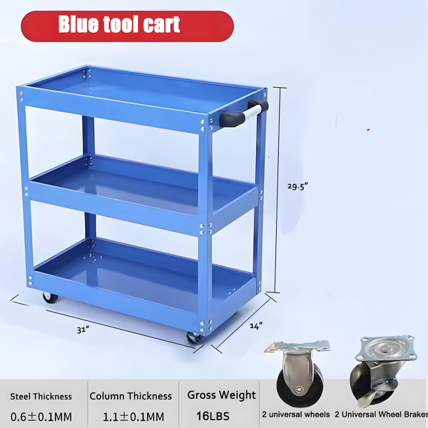 Heavy Duty Steel 3-Tier Rolling Tool Cart with Lockable Wheels & Large Capacity