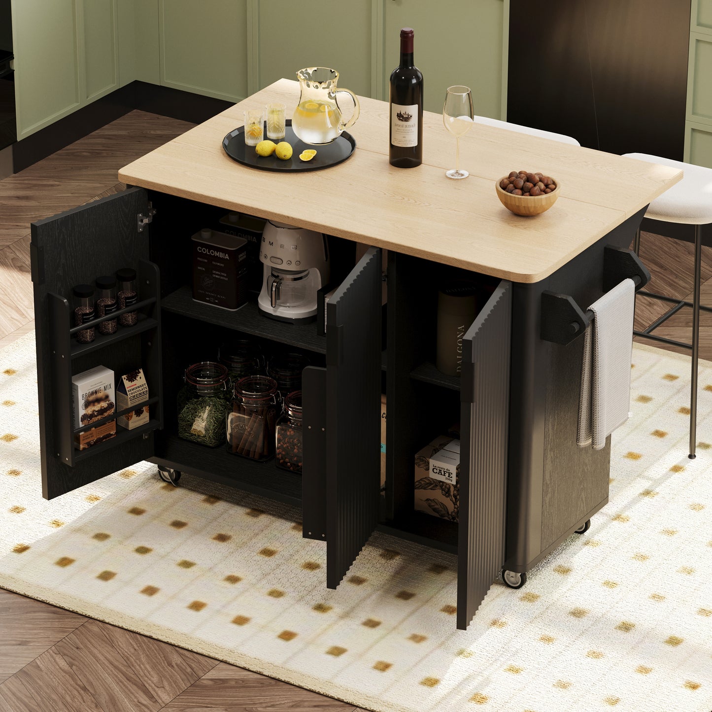 K&K 51 Fluted Kitchen Island With Drop Leaf, Farmhouse Accent On