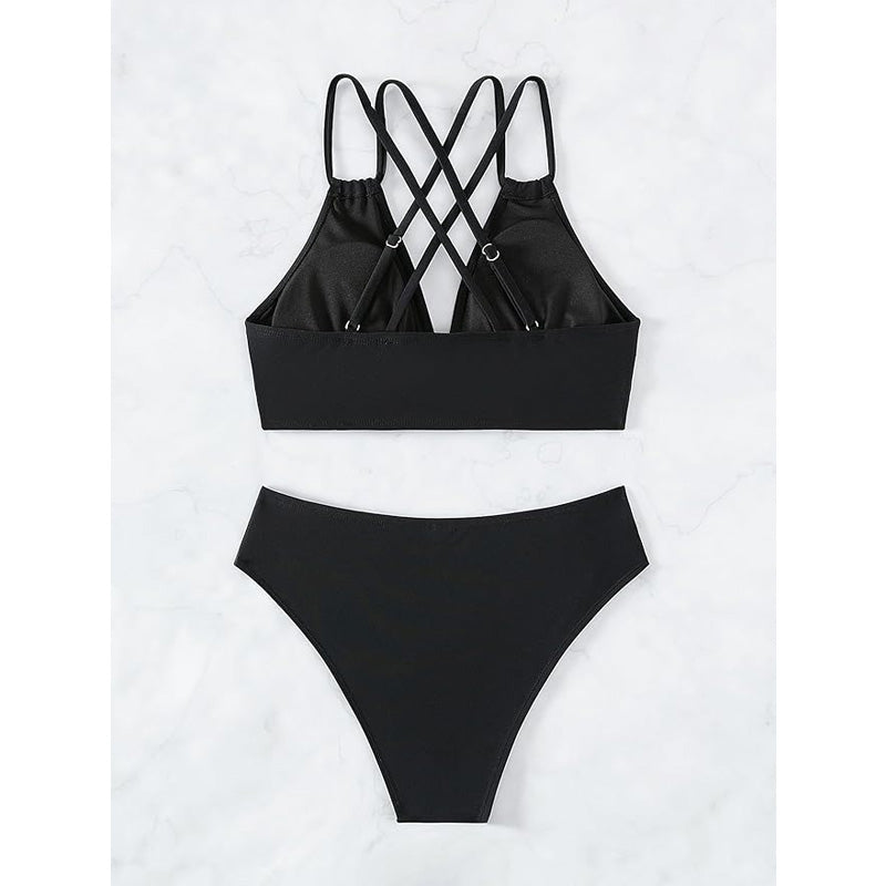 Women's Black Double Strap High Waist Bikini Set - 2 Piece Swimsuit