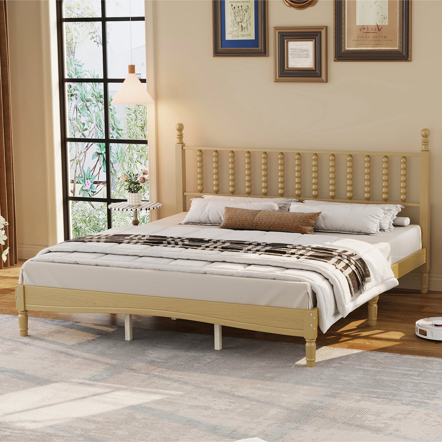 King Size Wood Platform Bed With Gourd Shaped Headboard,Retro Style