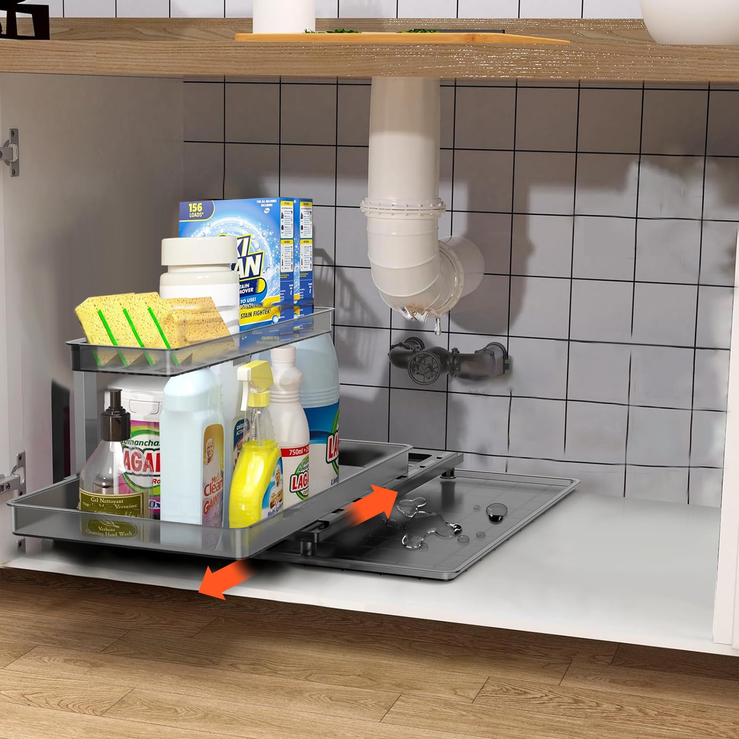 2-Tier Under Sink Organizer with Sliding Drawer - L-Shaped