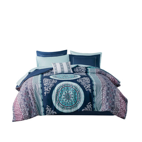 Queen Boho Comforter Set with Bed Sheets - Navy