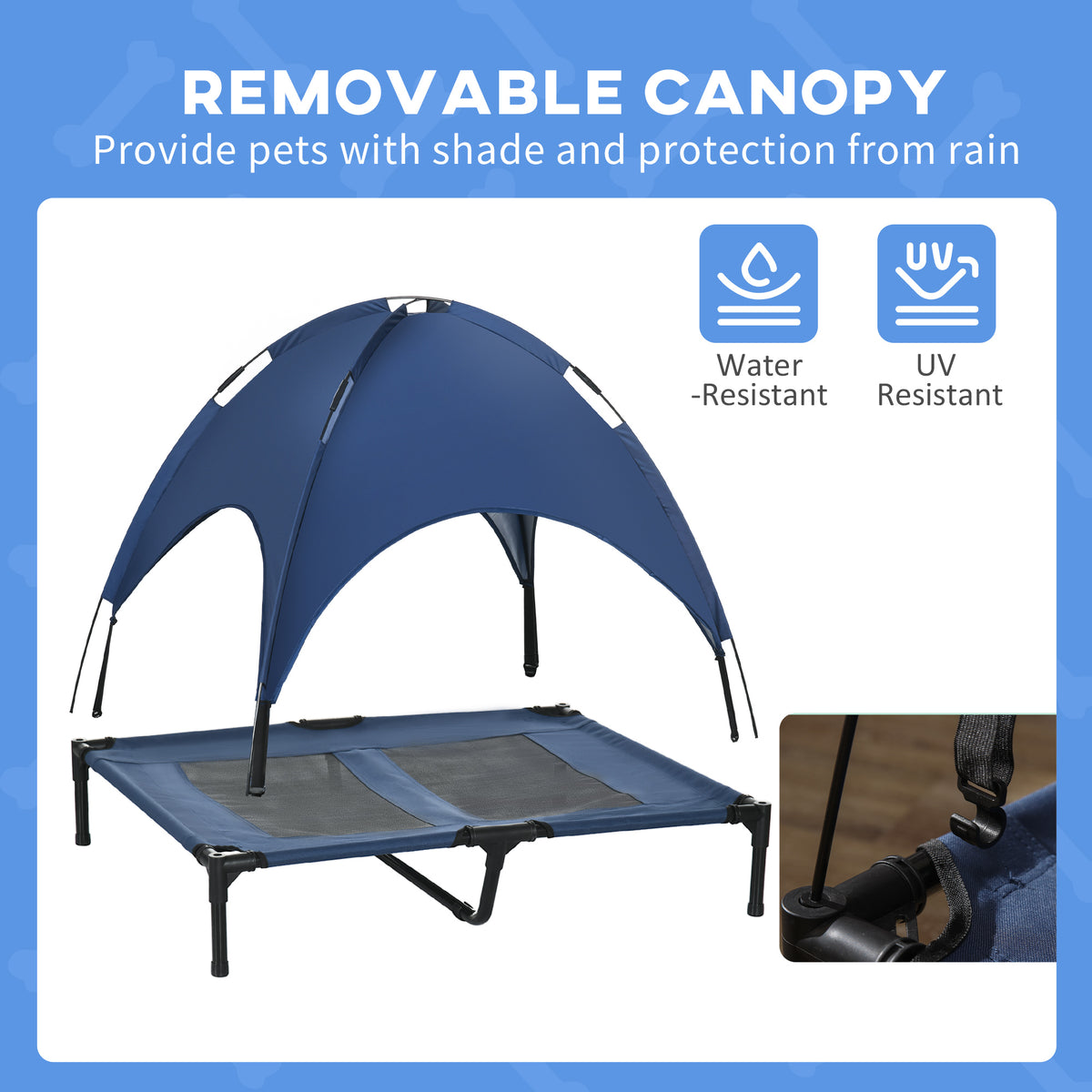 Portable Elevated Dog Bed with UV Canopy - 36 Inch Dark Blue