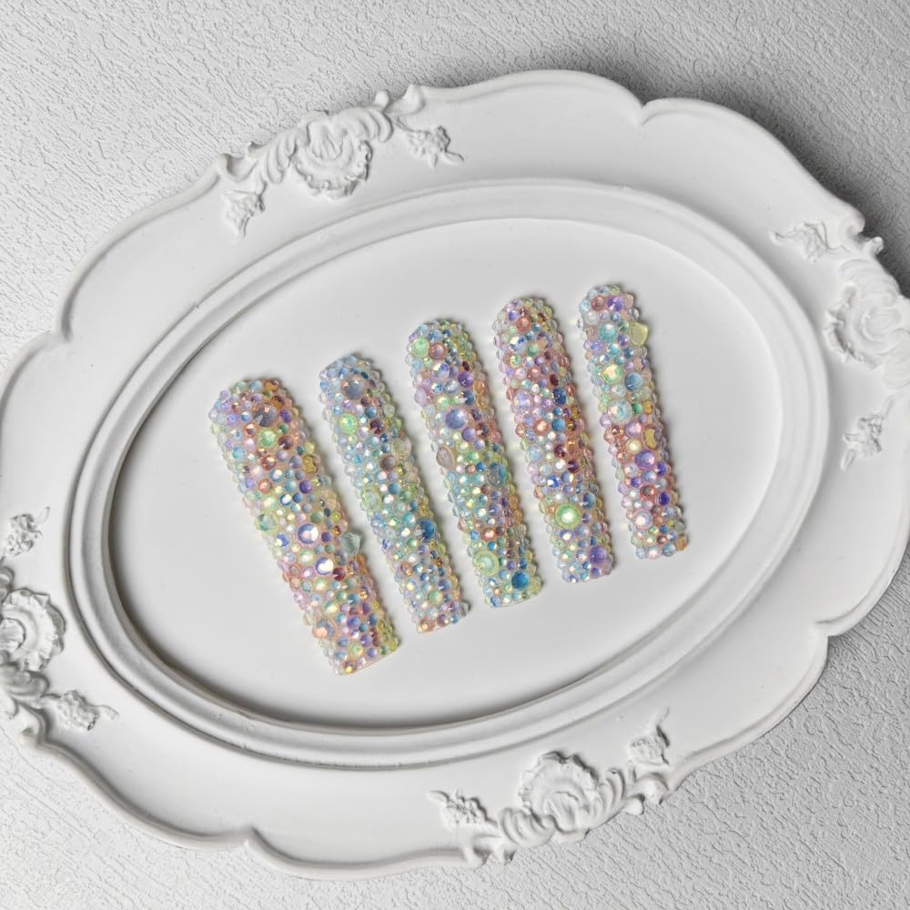 3D Crystal Press-On Nails - Pastel Galaxy Reusable Acrylic Fake Nails