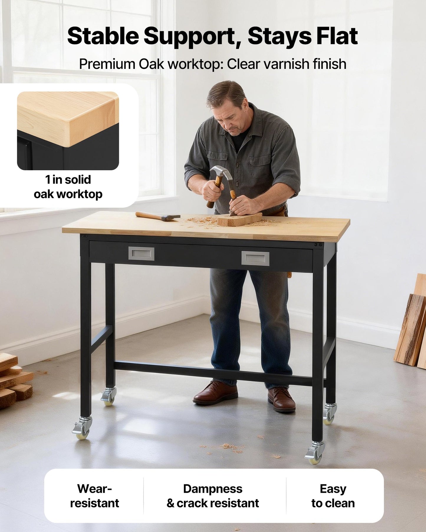 Heavy Duty 48-inch Workbench with Drawer Storage and Wheels - Black