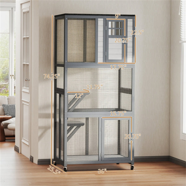 Pet Cat Stairs Climbing Tower with Roofed House and Wheels - Gray