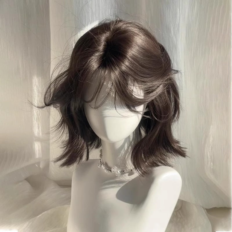 Lightly Curled Synthetic Wig Set with Blunt Bangs - Natural Look for Women