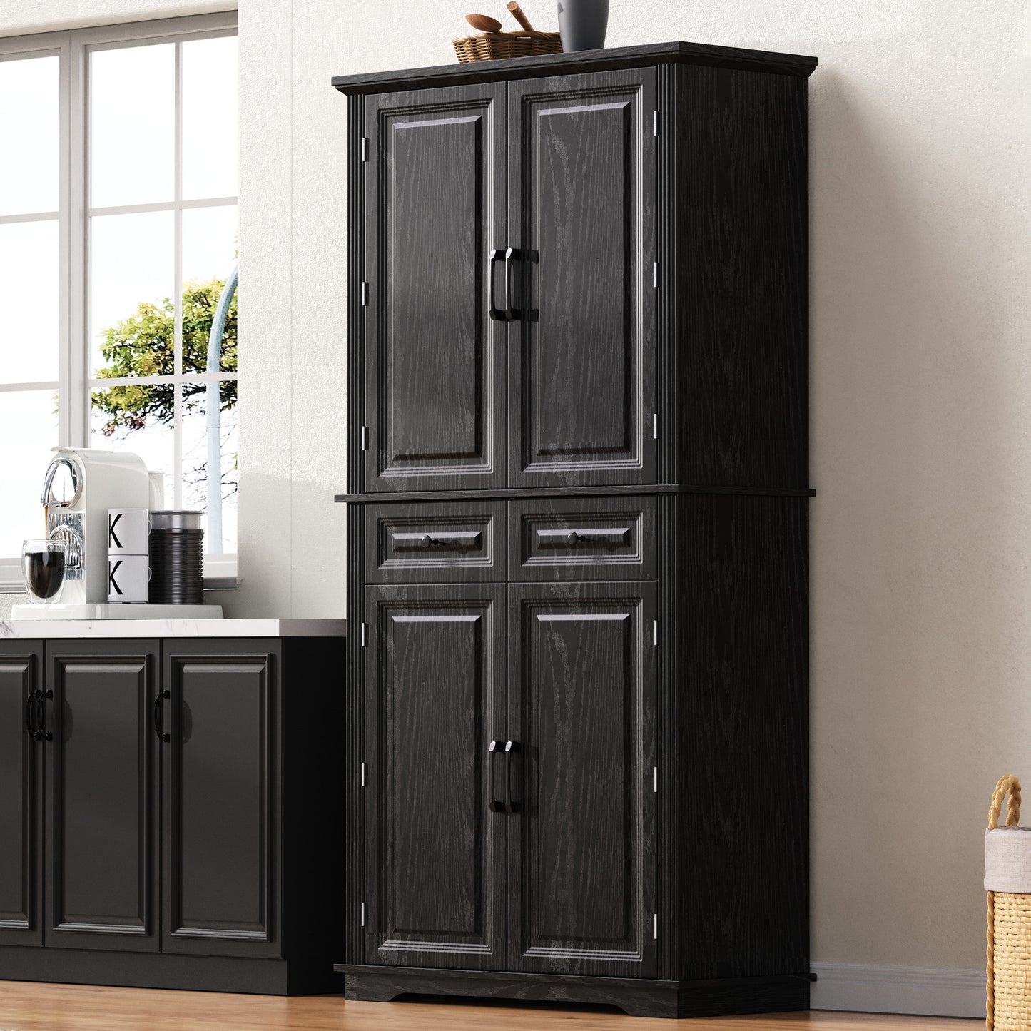 K&K 71 Tall Kitchen Pantry Cabinet With 3 Pull Out Organizers,