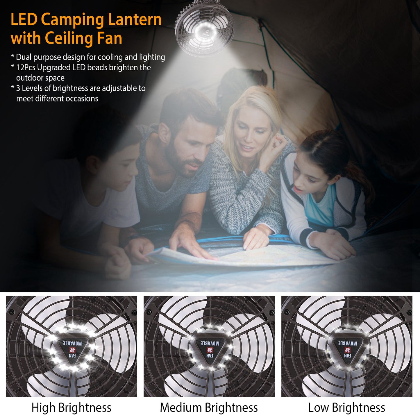 10400mAh Portable Camping Fan with LED Light - Black