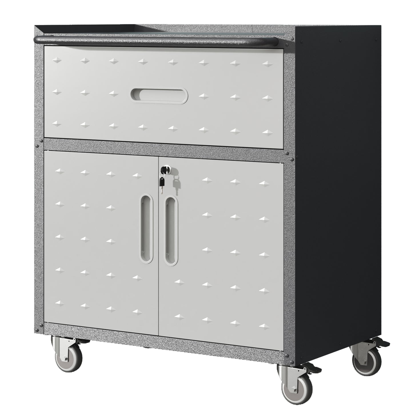 Metal Tool Cabinet with Wheels - Heavy-Duty Storage Unit with Drawer & Locking Doors - Black & Gray