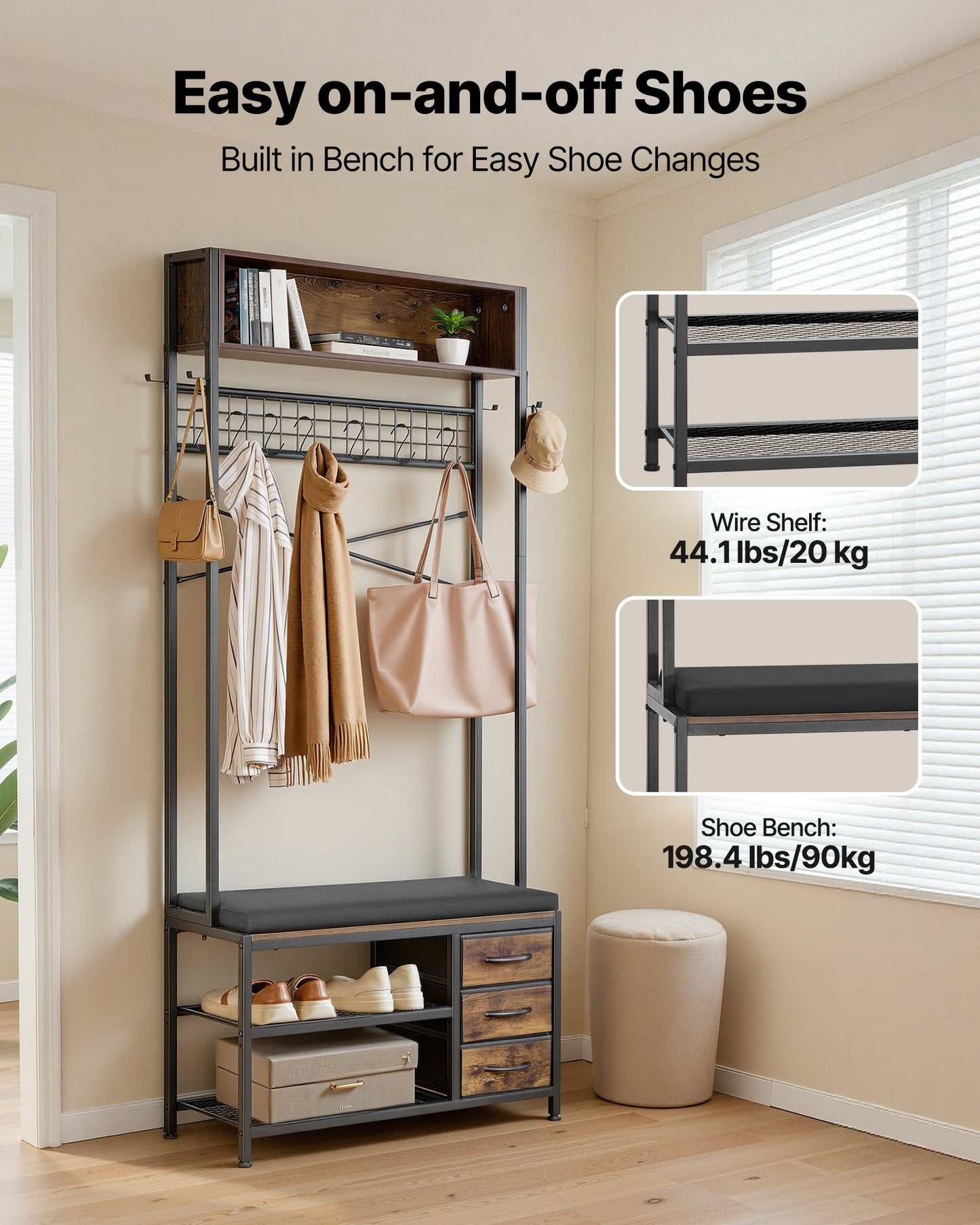 Multi-Functional Entryway Coat Rack with Shoe Bench and 3 Drawers - Black