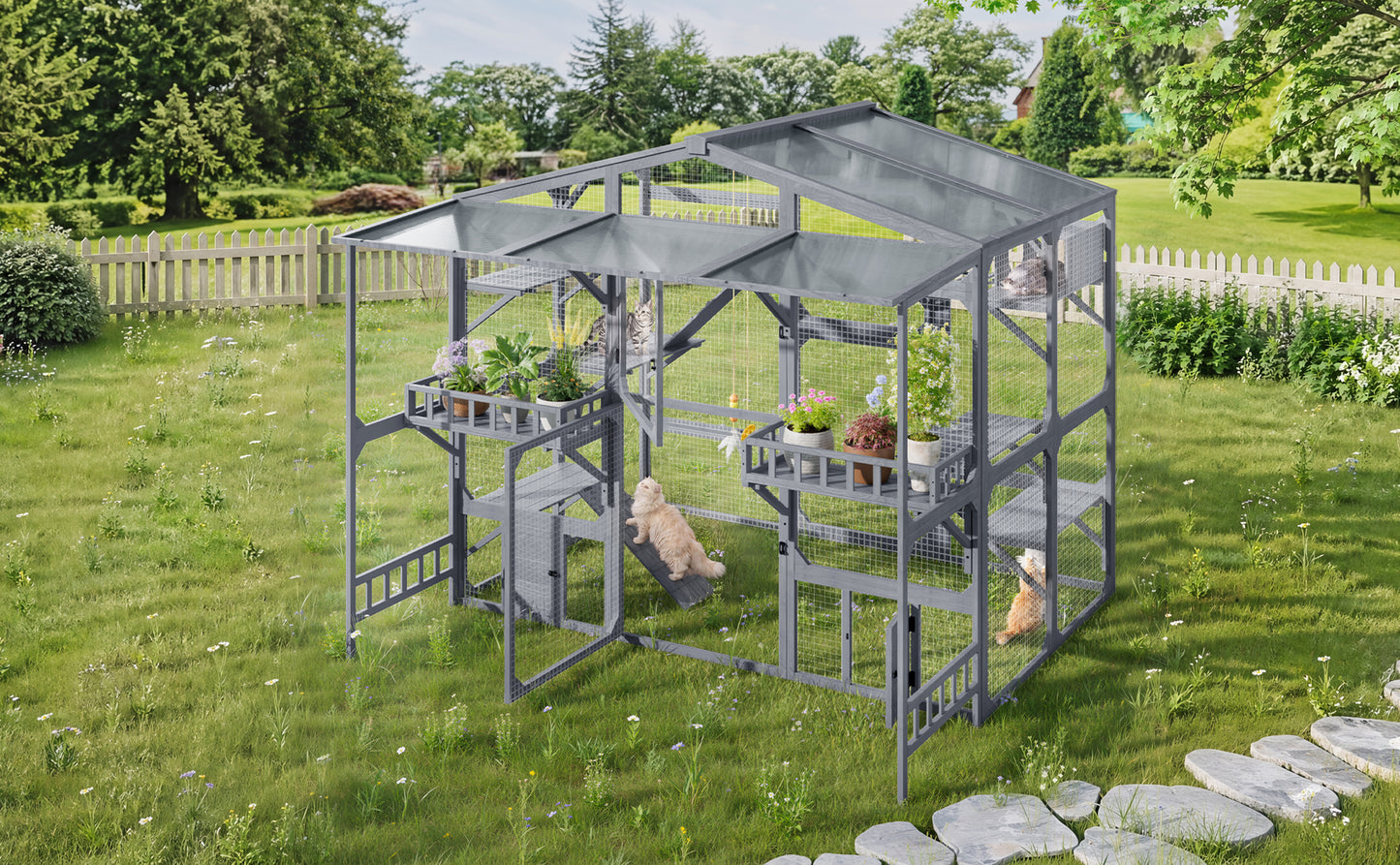 Outdoor Cat Enclosure with 6 Platforms Climbing Ramp & Resting Box for Multiple Cats - Grey