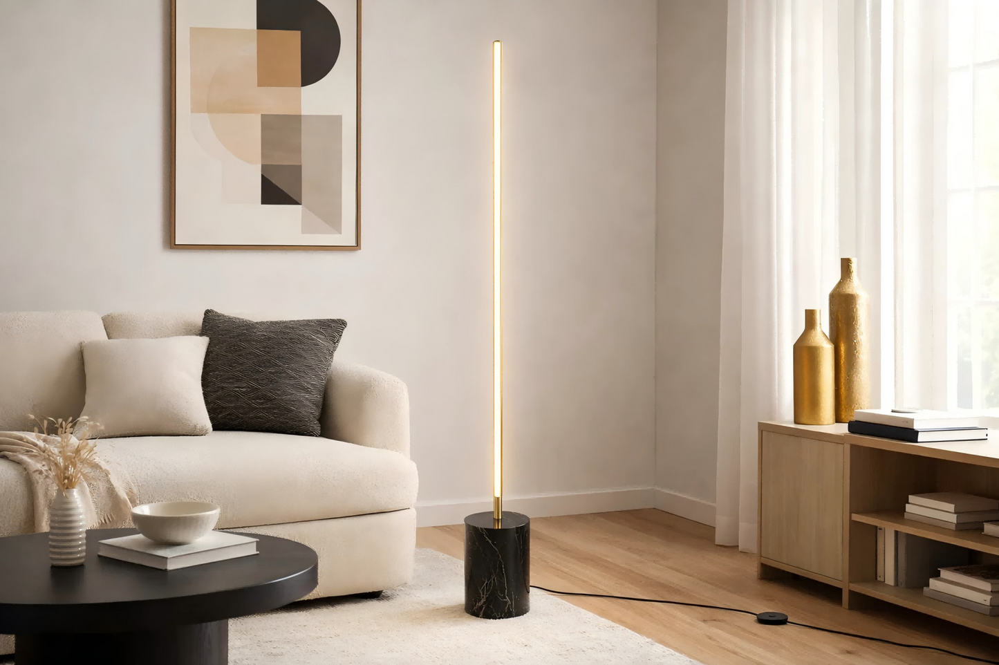 Prism Brassed Gold LED Floor Lamp With On Off Faux Marble Base